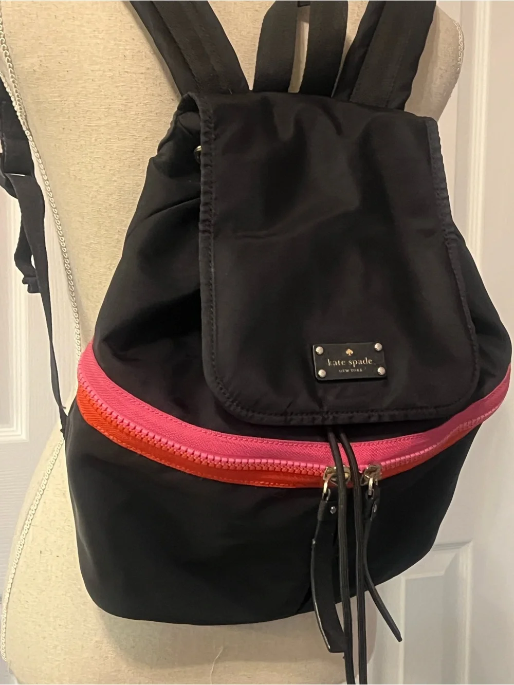 Kate Spade Clark Court Matty Backpack Nylon Black Pink Red Stripe
